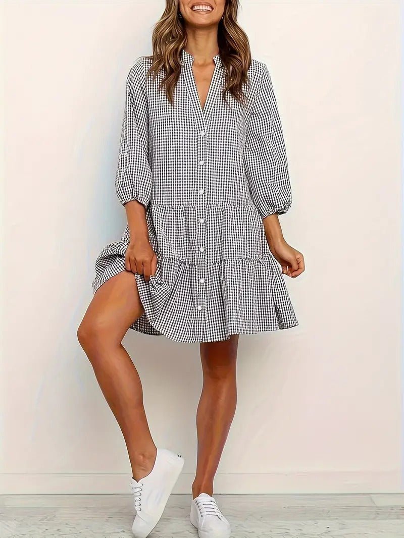 MODEGEIST Damen Mini-Kleid Vichy-Karo Rosa 3/4-Ärmel Knopfleiste