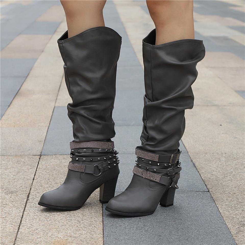 MODEGEIST Damen Knie-Stiefel Slouchy Blockabsatz Vielseitig Elegant