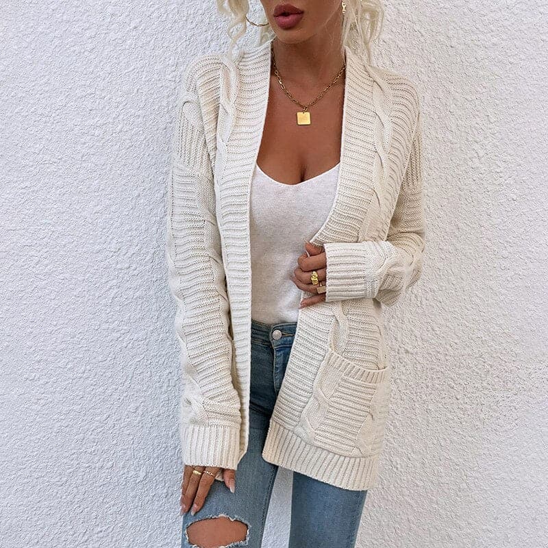 ModeGeist | Cardigan - Strick Kabelstrick - Offene Front - Lange Ärmel mit Taschen