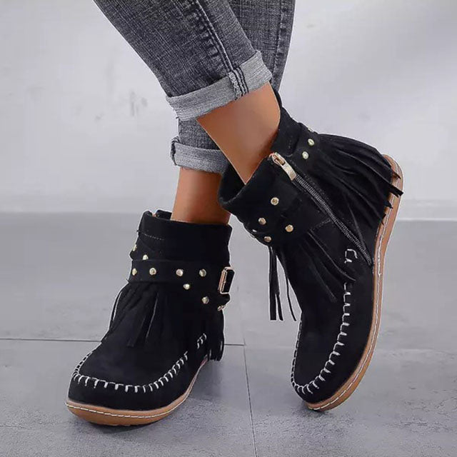 ModeGeist | Stiefeletten mit Fransen Schnalle und Reißverschluss
