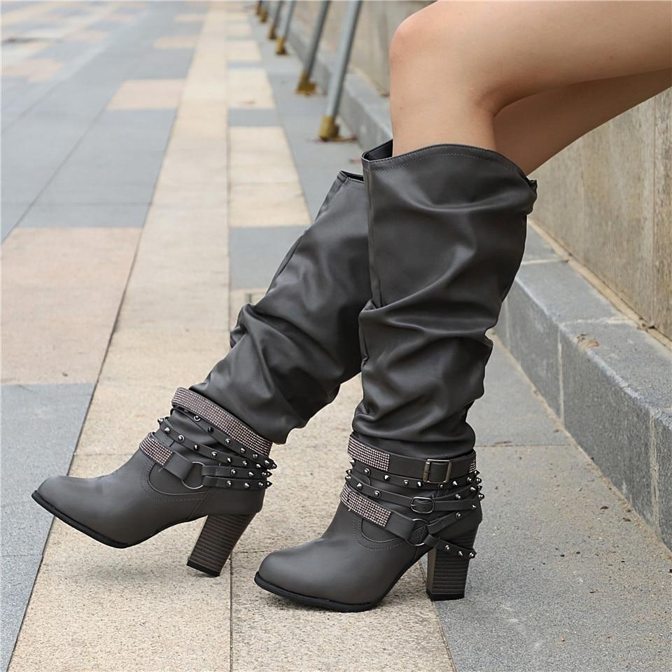 MODEGEIST Damen Kniehohe Slouchy-Stiefel Blockabsatz Weiches Design