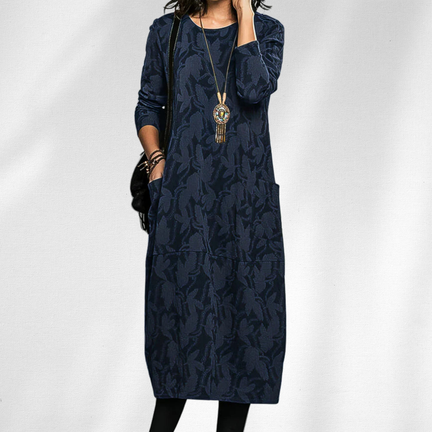 MODEGEIST Damen Winter-Kleid Langarm Rundhals Blumenmuster Warm