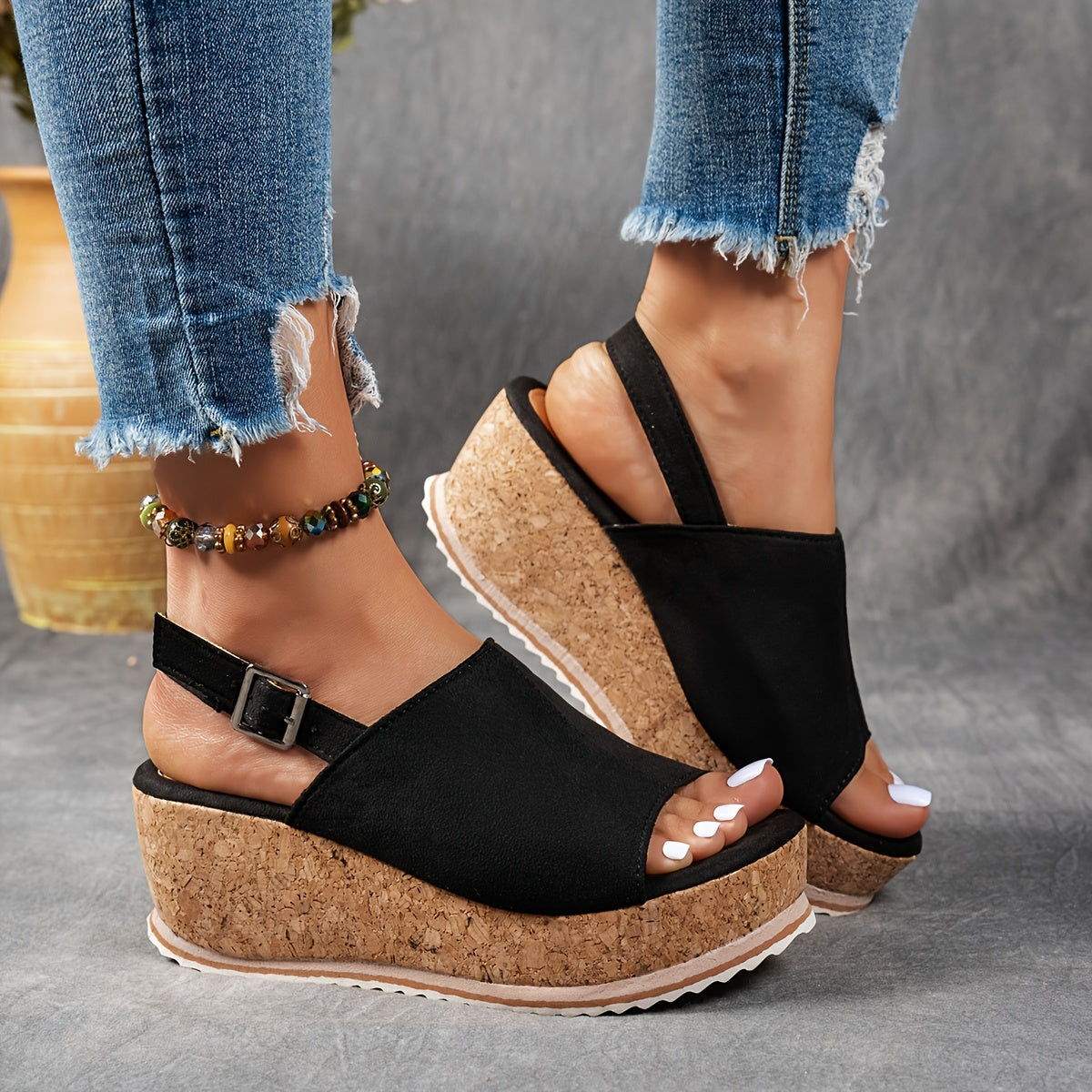 MODEGEIST Damen Plateau-Sandalen Verstellbare Schnalle EVA-Sohle Beige