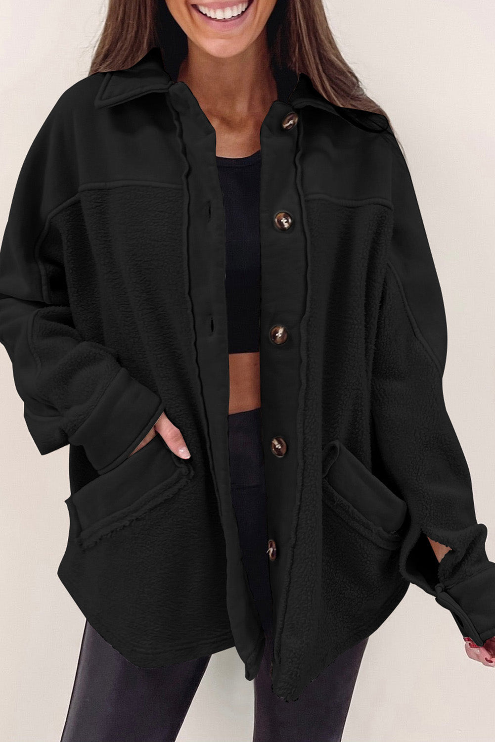 ModeGeist | Weiche Fleecejacke mit Großen Knöpfen Polyester Komfort und Warmer Stil