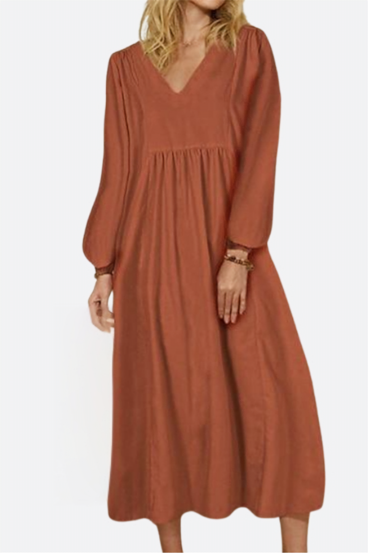 MODEGEIST Damen Midi-Kleid V-Ausschnitt Raffung Ballonärmel