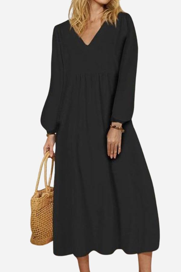 MODEGEIST Damen Midi-Kleid V-Ausschnitt Raffung Ballonärmel Terrakotta
