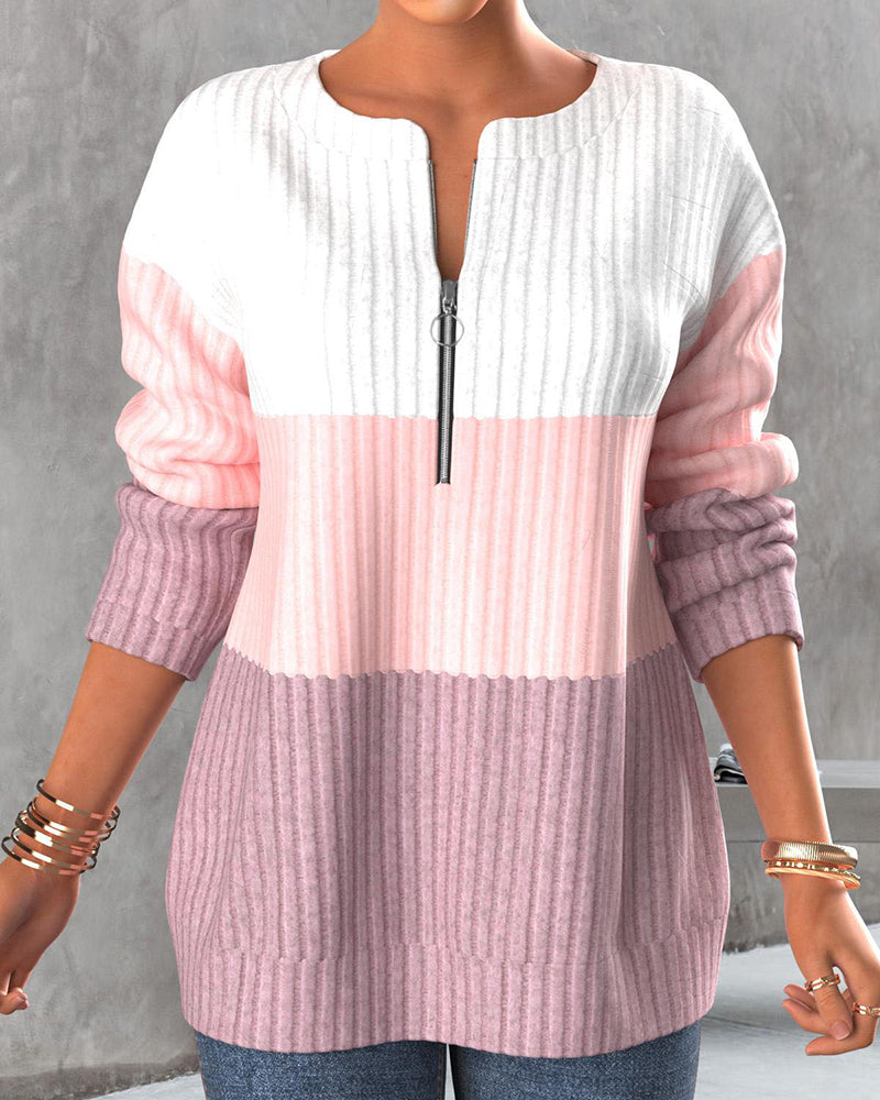 Frauen-Pullover mit Streifen und kurzem Reißverschluss
