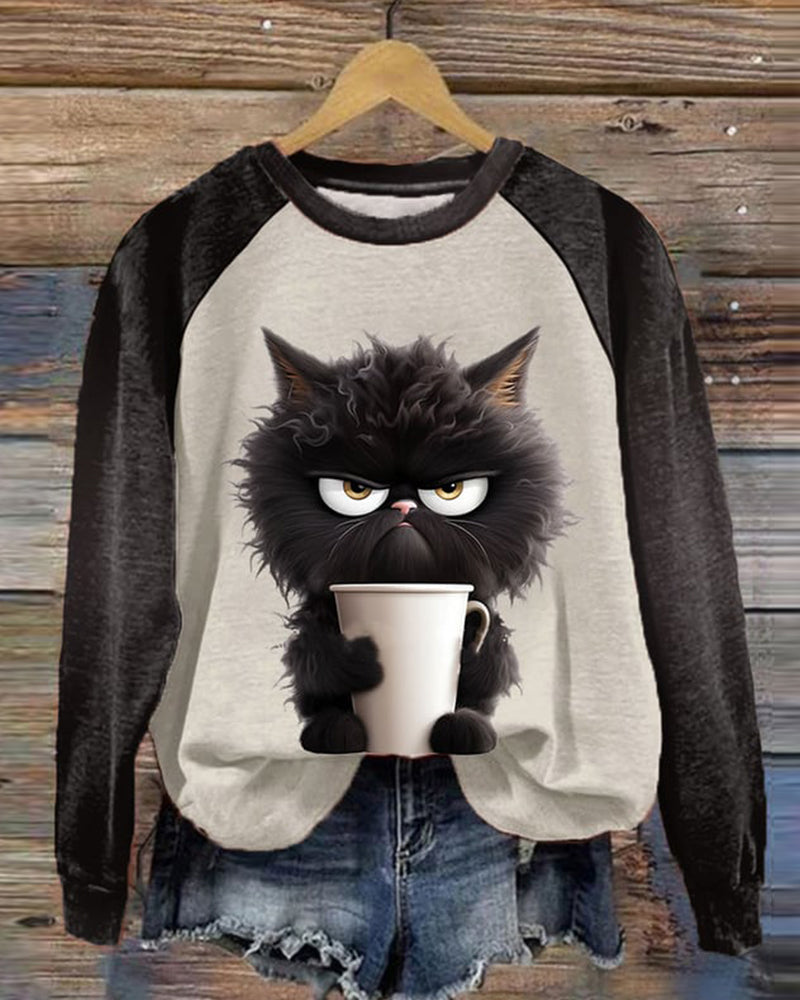 Lockerer Fudus-Sweatshirt mit Katzenmotiv und Farbblockdesign