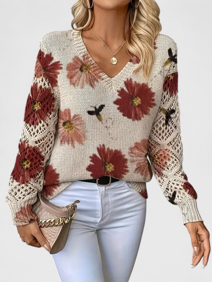 MODEGEIST Damen Pullover Blumenmuster Weich Entspannte Passform