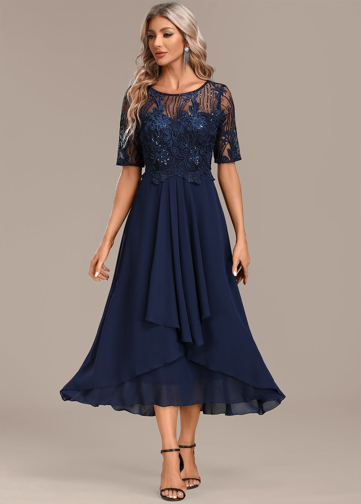 MODEGEIST Damen Spitzenkleid Navy Kurze Ärmel Rundhals