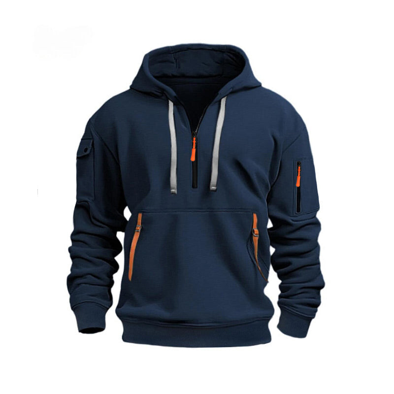 Fudus Kapuzenpullover mit langem Arm, Halb-Reißverschluss und Taschen