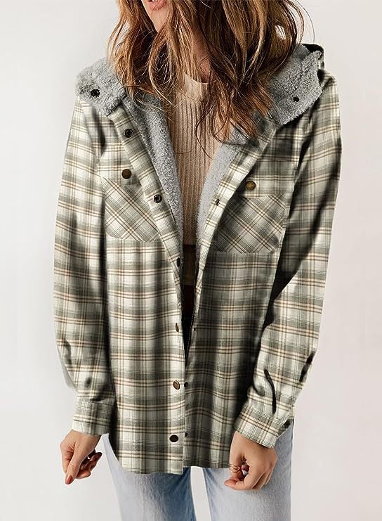 ModeGeist | Plaid Jacke Langarm Schnalle Wolle mit Kapuze