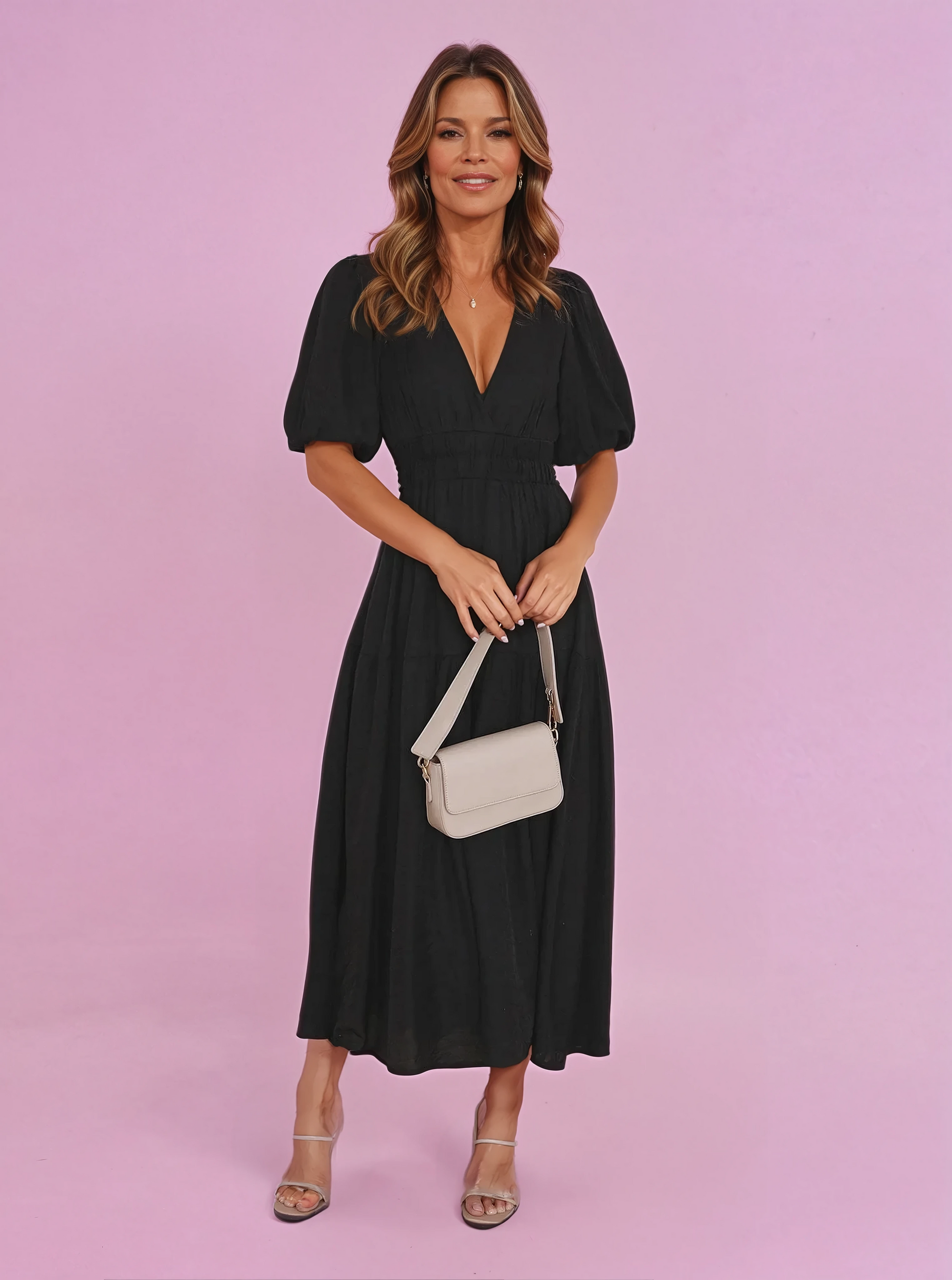 MODEGEIST Damen Midi-Kleid V-Ausschnitt Puffärmel Schwarz
