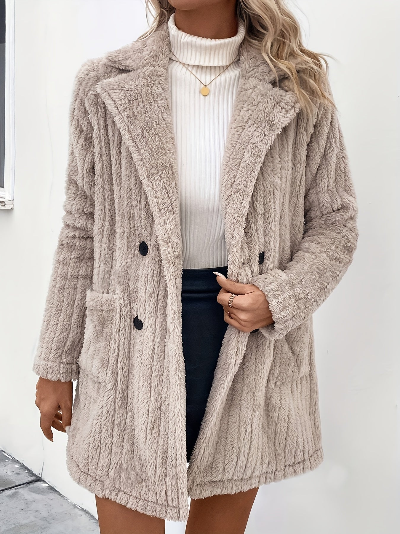 ModeGeist | Doppelknopf-plüschjacke mit Reverskragen Polyester Weich und Warm