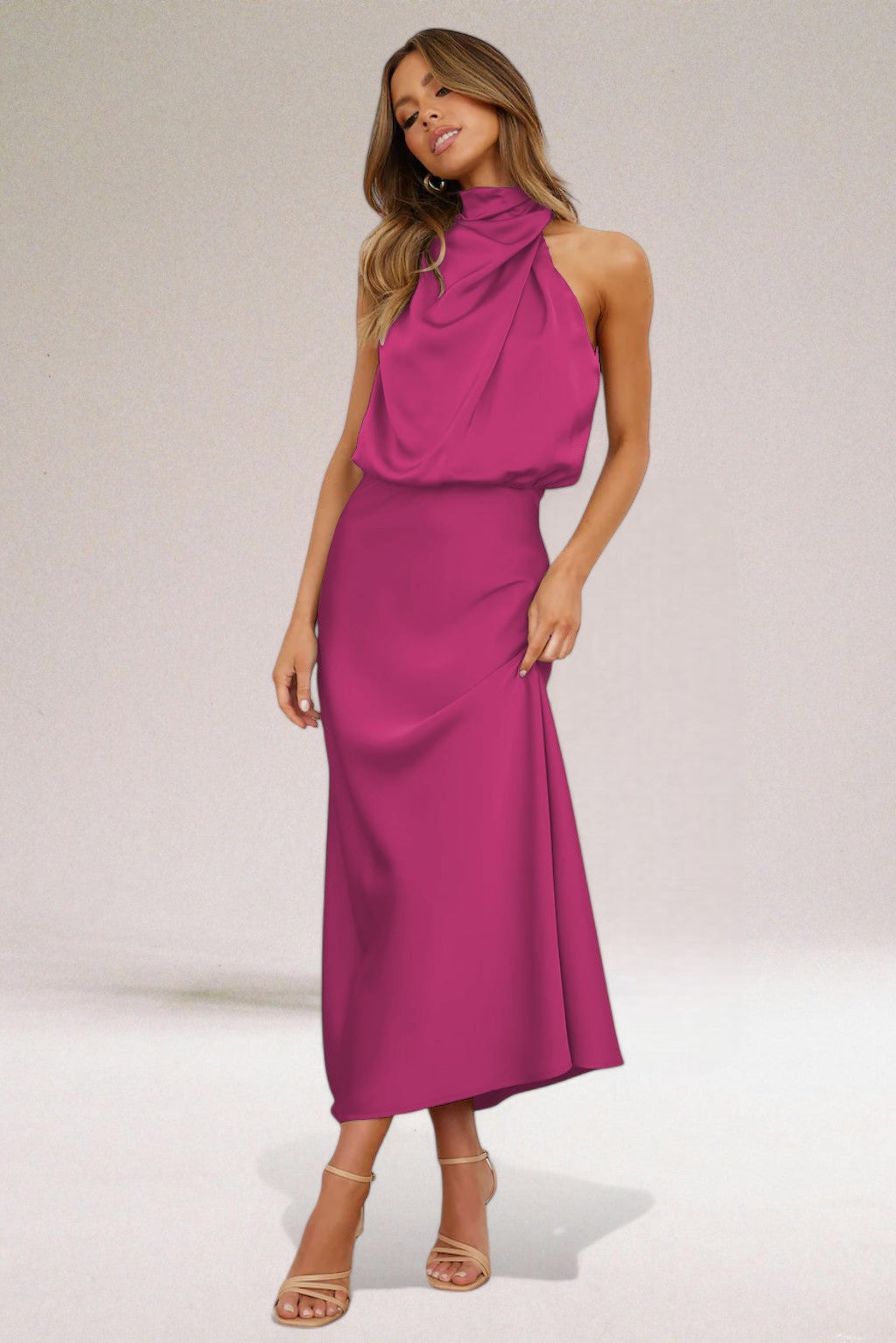 MODEGEIST Damen Neckholder Kleid Fließend Glänzend Elegant Abendkleid