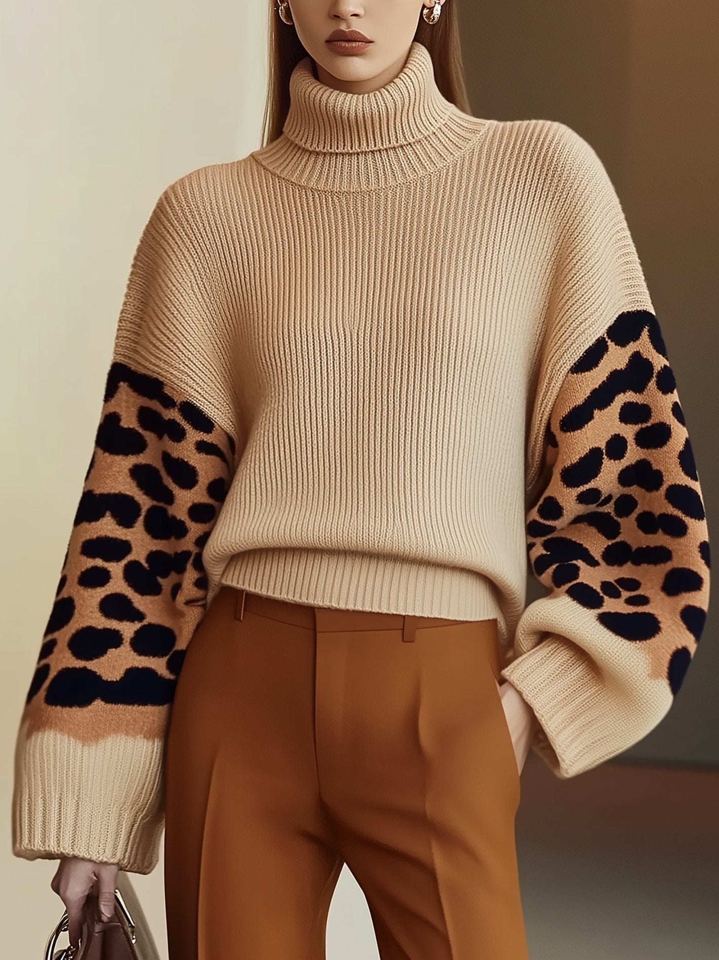 ModeGeist | Rollkragen-strickpullover Leopardenärmel Modernes Aussehen