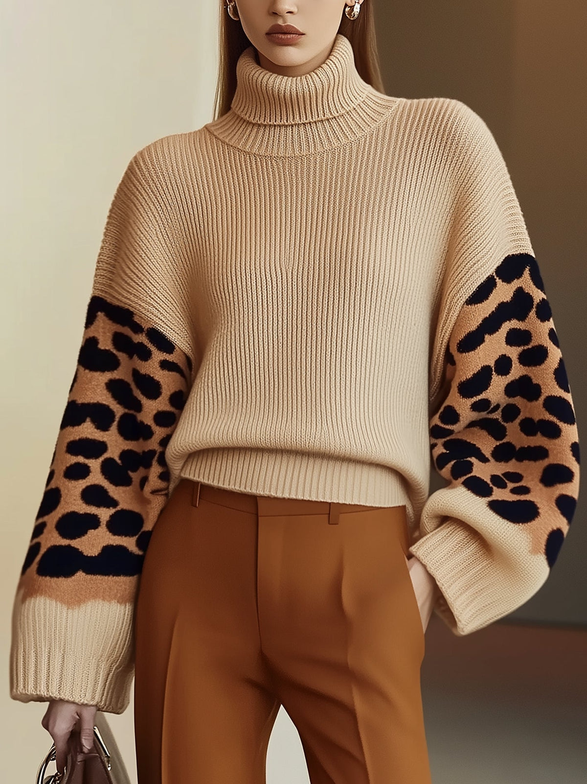 ModeGeist | Rollkragen-strickpullover Leopardenärmel Modernes Aussehen