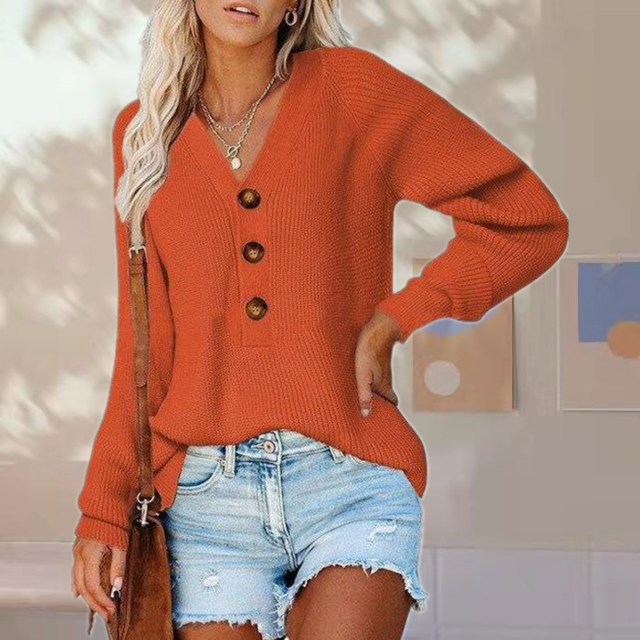ModeGeist | Pullover - Damen Herbst Knopf V-Ausschnitt Strickpullover