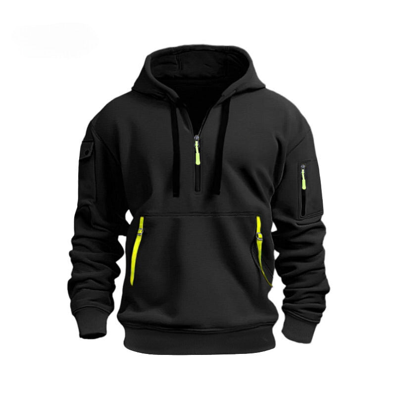 Fudus Kapuzenpullover mit langem Arm, Halb-Reißverschluss und Taschen