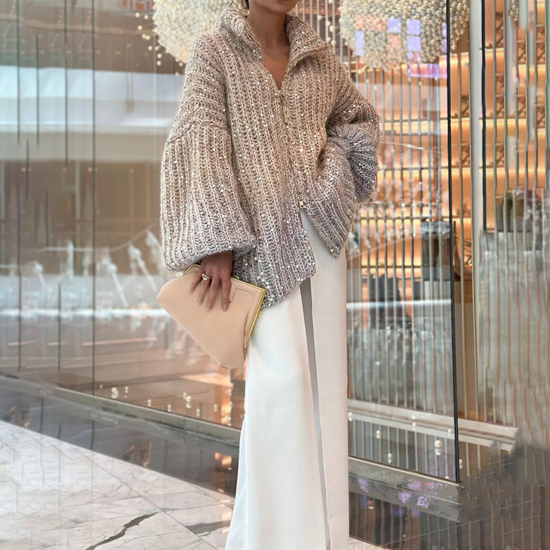ModeGeist | Strickpullover mit Pailletten Ballonärmel Elegant und Handstrick-look