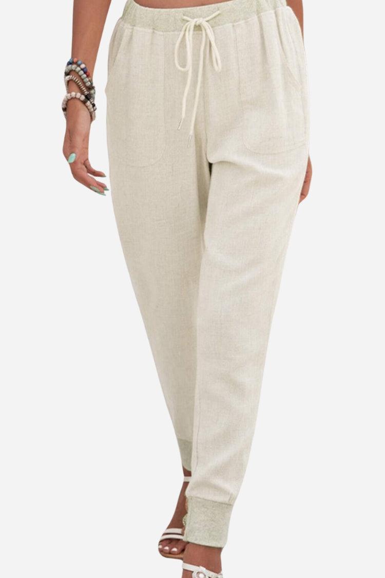 MODEGEIST Damen Jogginghose Kordelzug Beige Elastische Bündchen