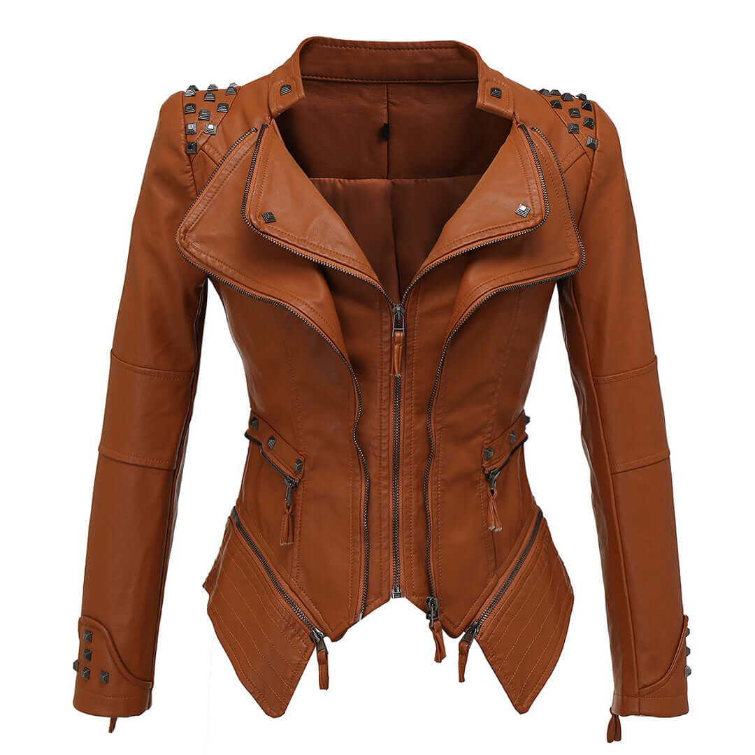 ModeGeist | Damen Enganliegende Genietete Biker Lederjacke