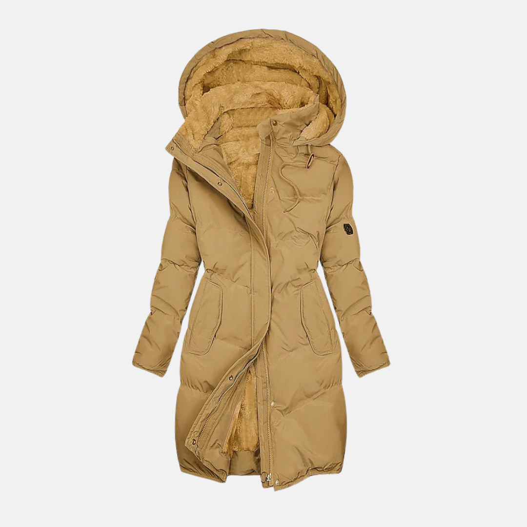 ModeGeist | Lange Pufferjacke - Wasserabweisend - Gefüttert - Verstellbare Taille - Kapuze mit Futter