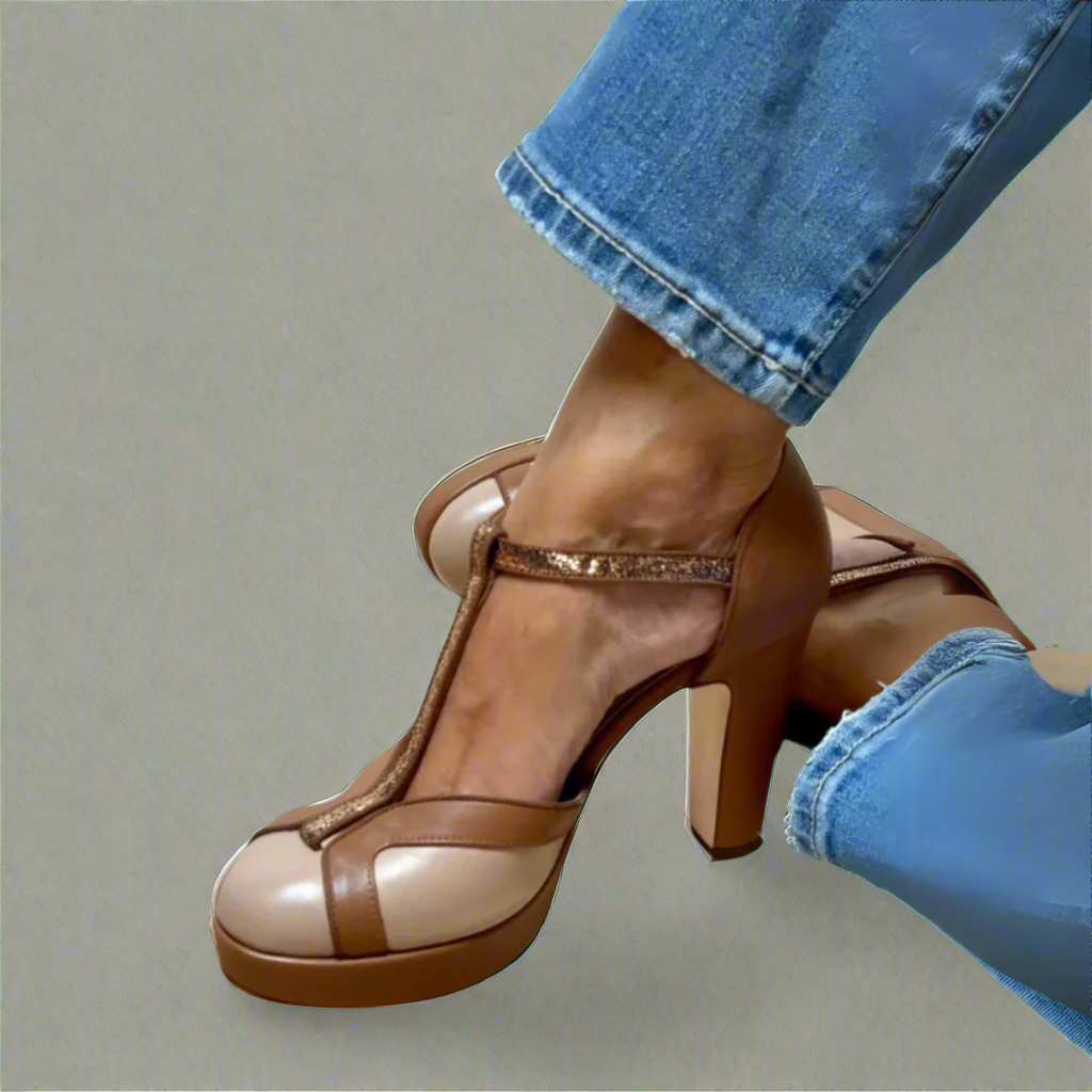 MODEGEIST Damen High-Heel Sandalen 7cm Absatz Beige