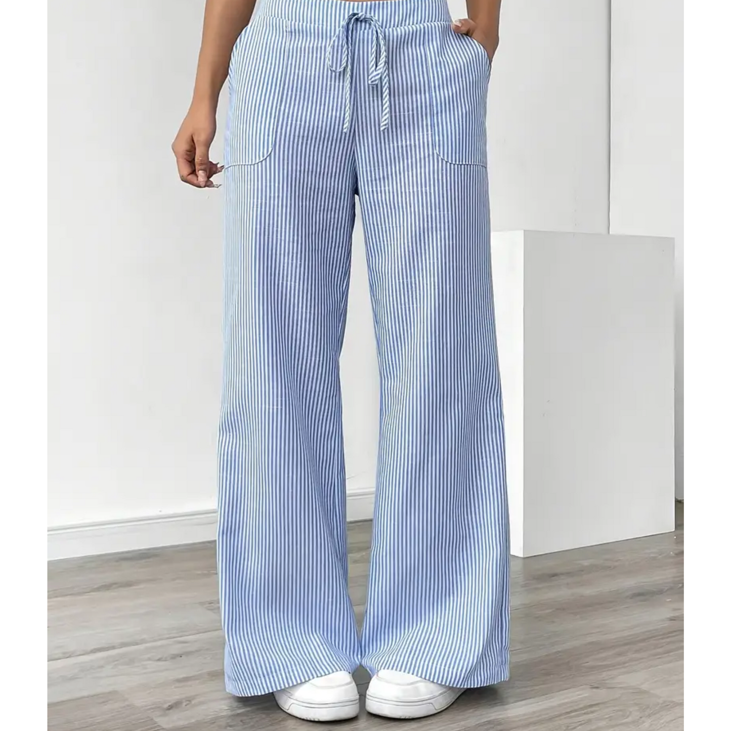 MODEGEIST Damen Gestreifte Hose Entspannte Passform Taschen