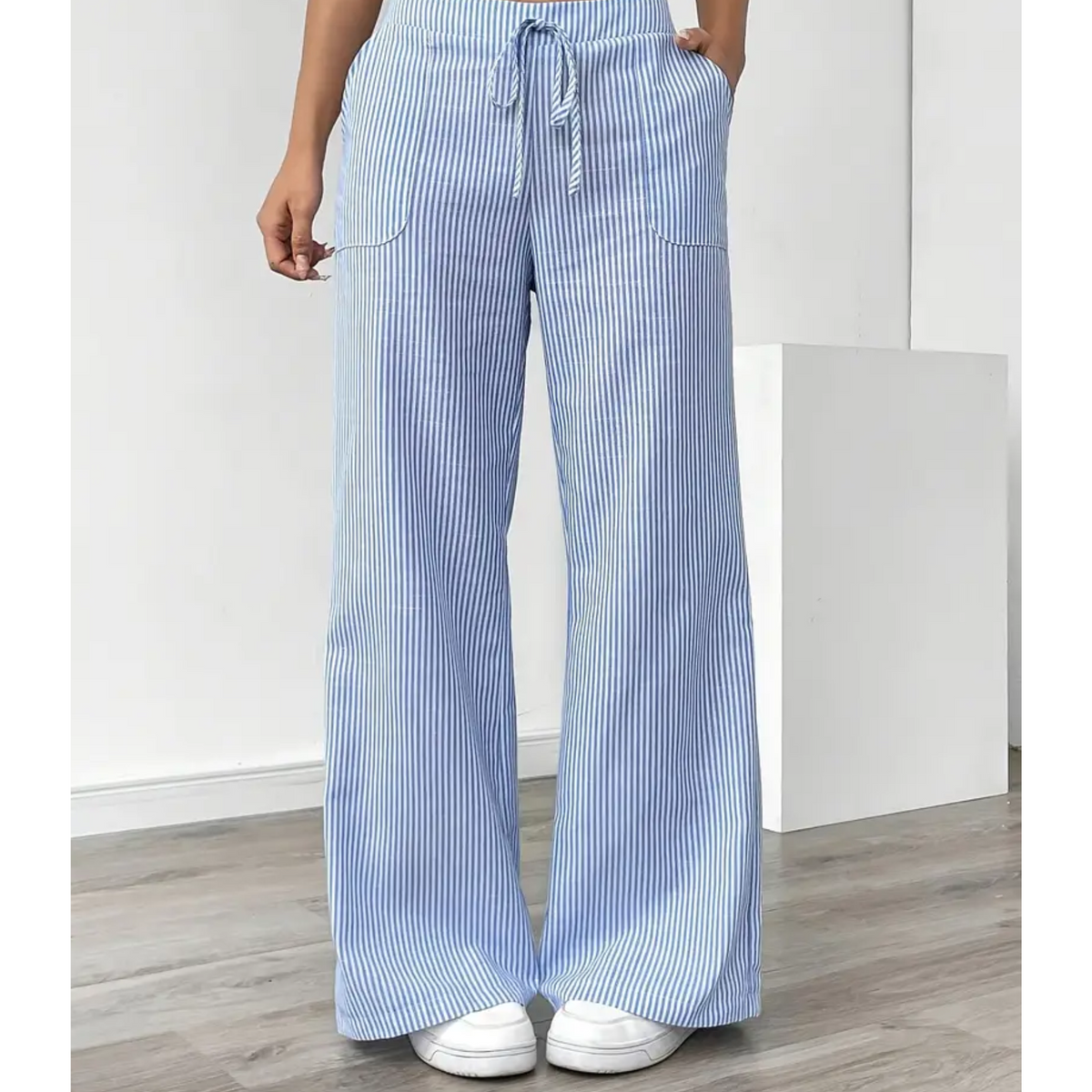 MODEGEIST Damen Gestreifte Hose Entspannte Passform Taschen