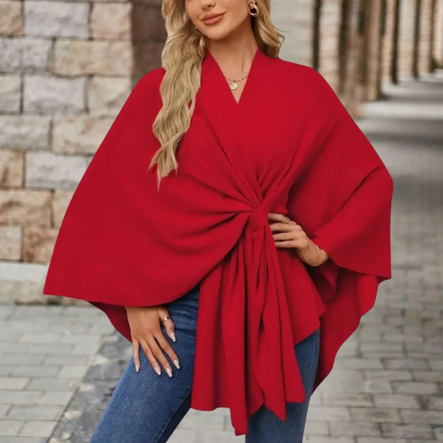 MODEGEIST Damen Poncho Leicht Draped Knoten-Design Oversized