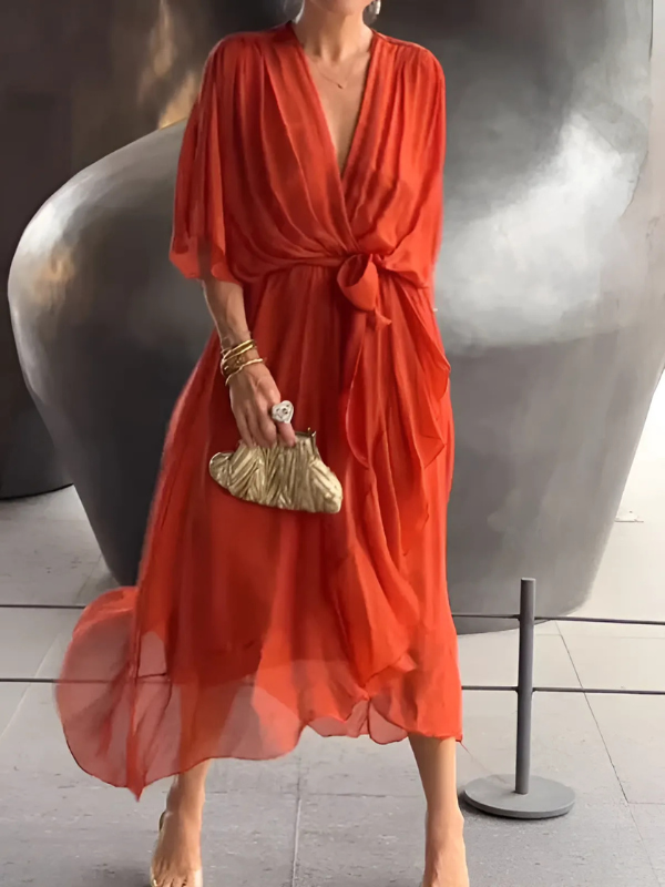 MODEGEIST Damen Wrap Midi-Kleid Verstellbarer Gürtel