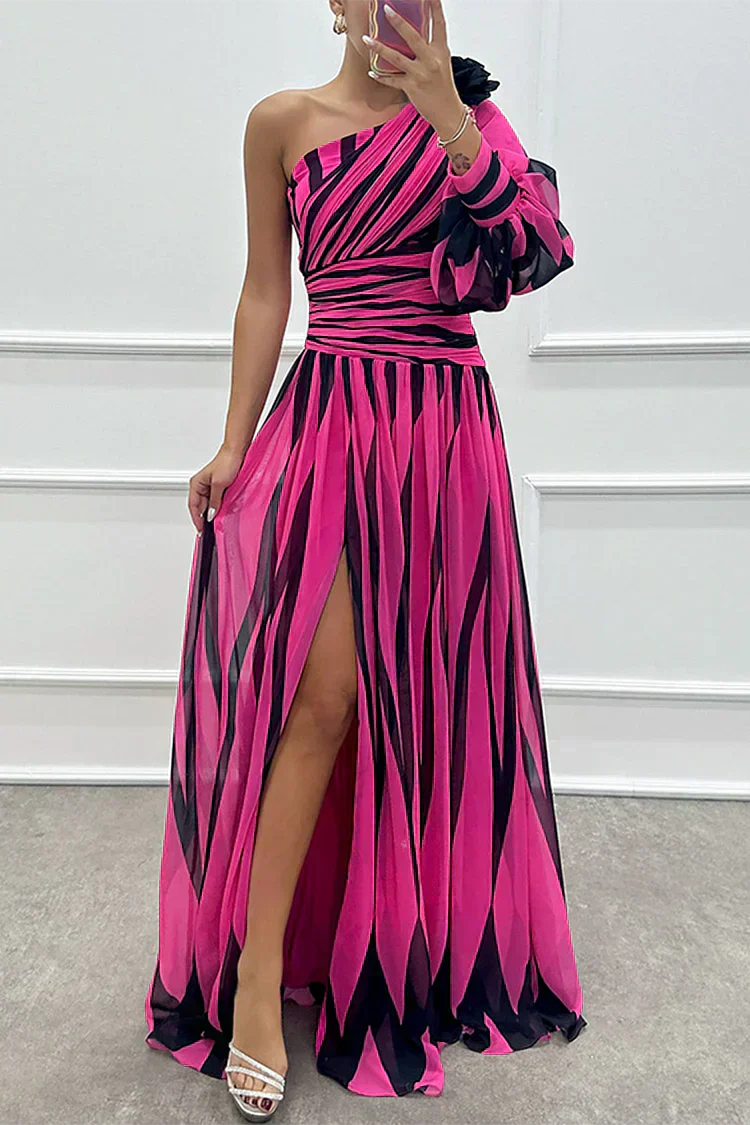 MODEGEIST Damen Maxi-Kleid One-Shoulder Streifen Plissee Abend