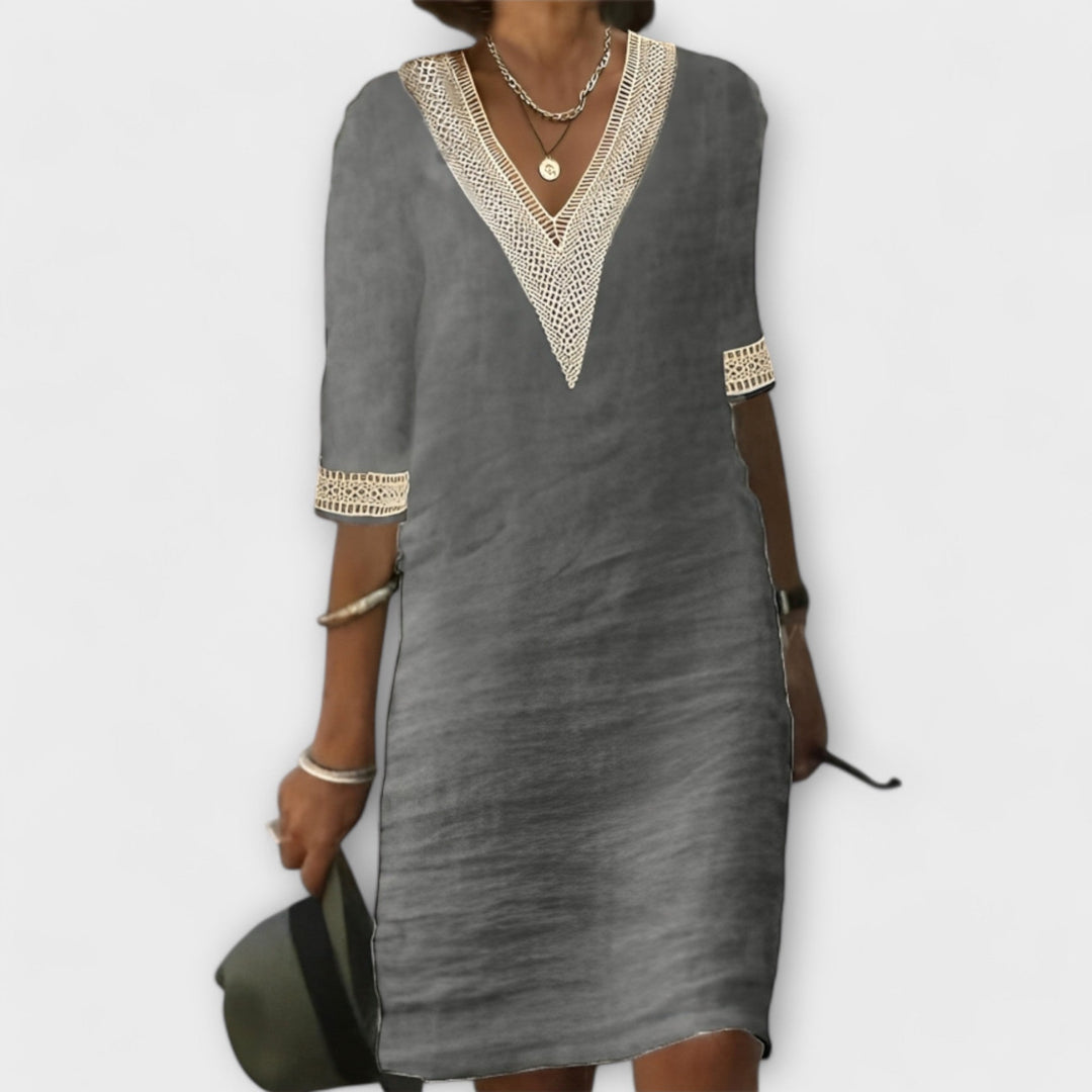 MODEGEIST Damen Häkel-Kleid Lochmuster Fließende Silhouette Boho