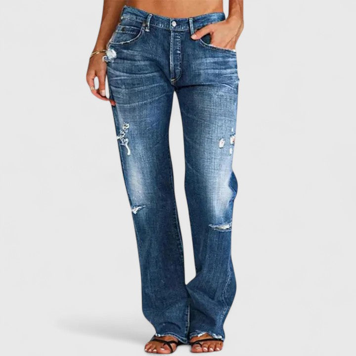 MODEGEIST Damen Straight Jeans Used-Look Low-Rise Hellblau Distressed