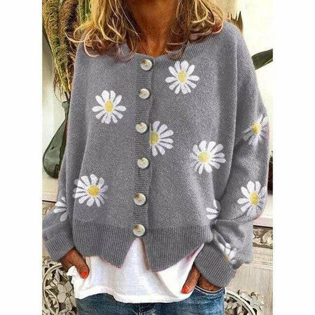 ModeGeist | Strickjacke - Damen Herbst Blumen Knopf-Überzieh Strickjacke
