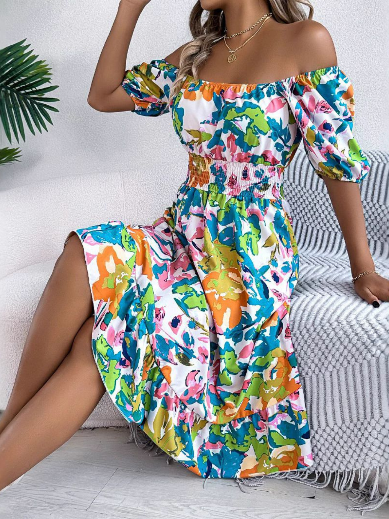 MODEGEIST Damen Boho-Kleid Farbverlauf Fließend Leichter Stoff
