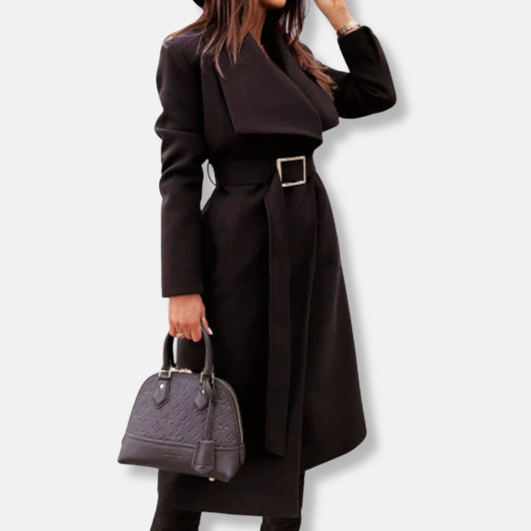 ModeGeist | Langmantel - Maßgeschneiderte Relaxed Fit - Gürtel - Drapierter Revers - Goldfarbener Schnallen