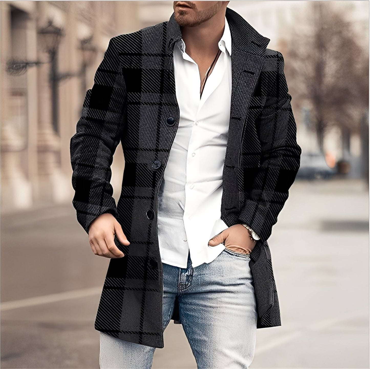 ModeGeist | Lässiger Langer Tweed-Mantel für Herren