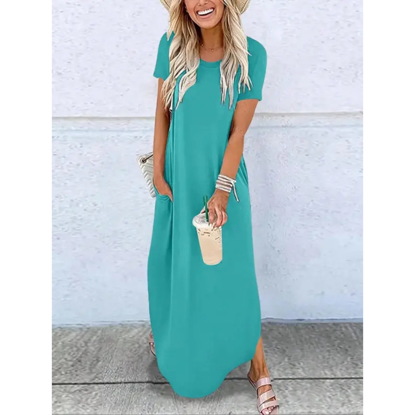 MODEGEIST Damen Maxi-Kleid Rundhals Casual Sommer Leicht