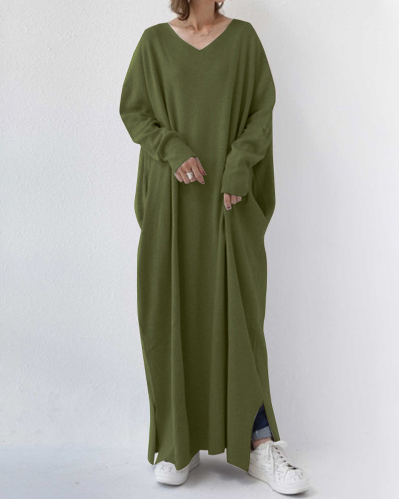 MODEGEIST Damen Winter Maxikleid Langarm Fließend Grau Strickkleid