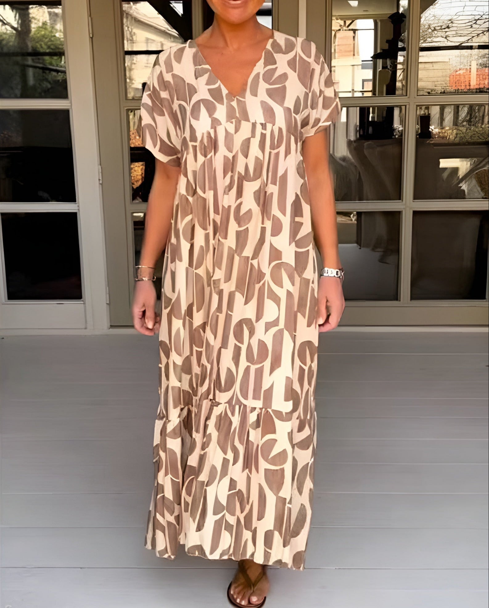 MODEGEIST Damen Midi-Kleid V-Ausschnitt Fließend Drapiert
