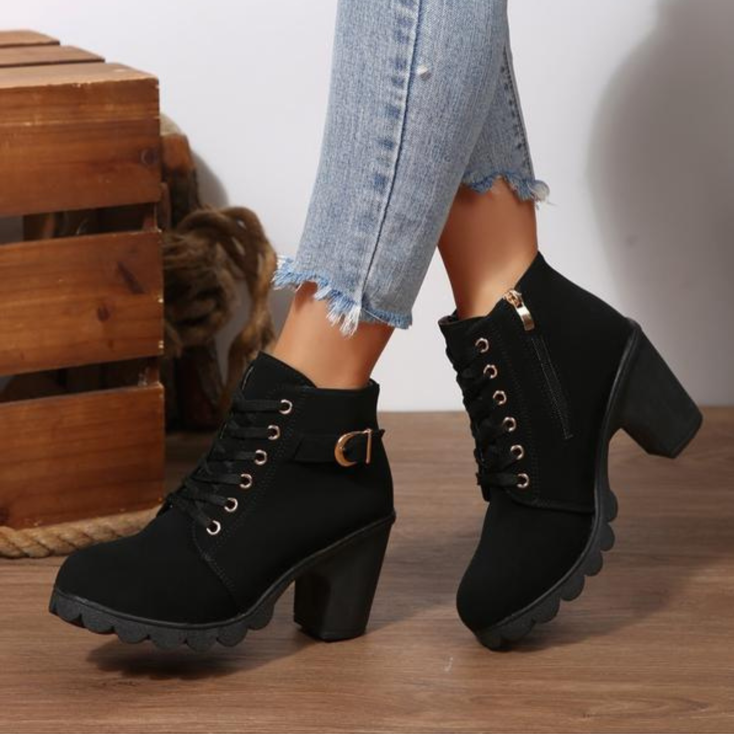 MODEGEIST Damen Stiefeletten Chunky Schnürung Schwarz