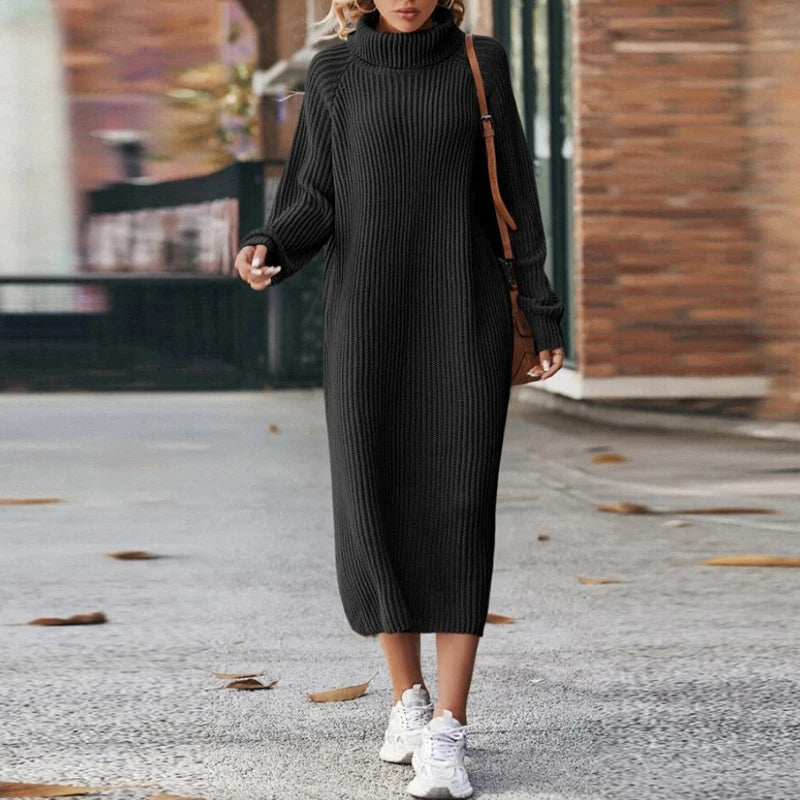 ModeGeist | Bequeme Damen Maxi Pullover Kleid mit Kragen