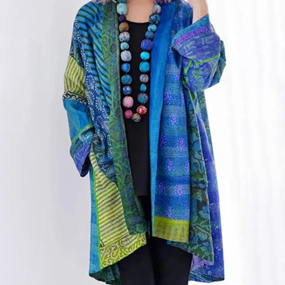 ModeGeist | Kimono-Jacke - Bohemian-Patchwork-Design - Leicht und Luftig - Langärmlig Offene Vorderseite