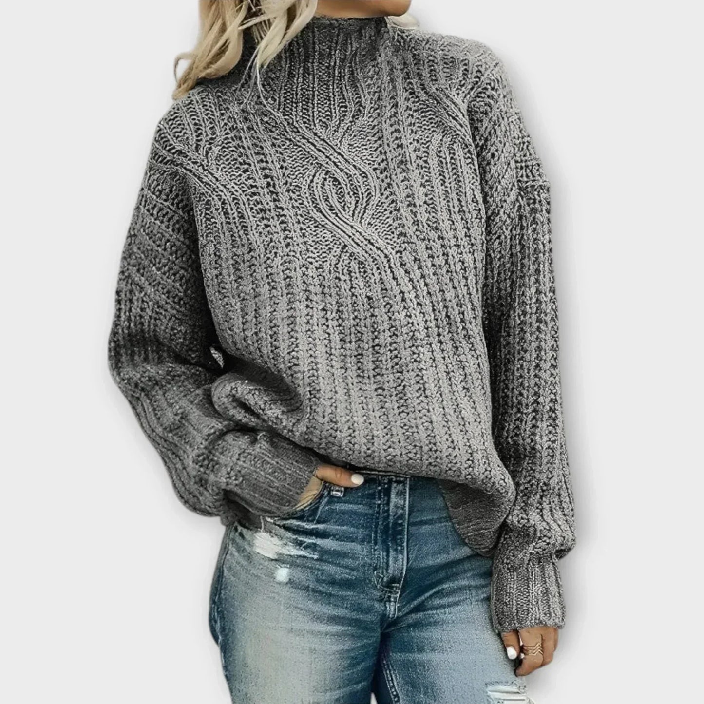 MODEGEIST Damen Pullover Stehkragen Zopfmuster Langarm Strick