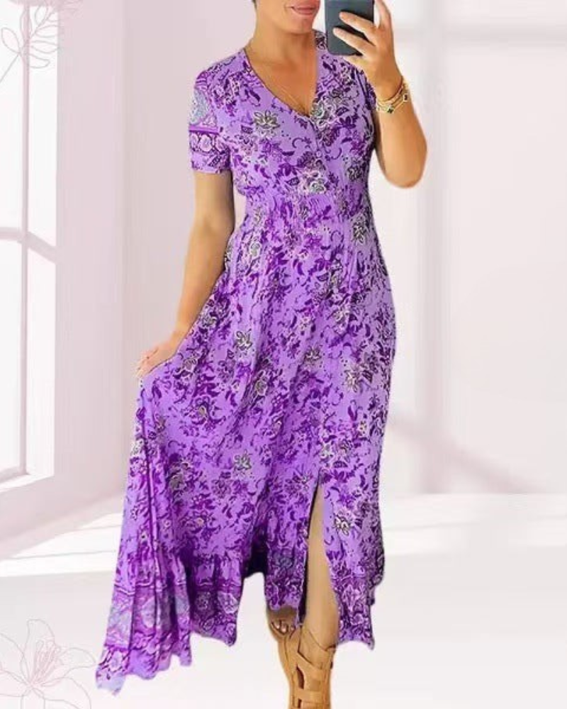 TESSA: Langes gemustertes Kleid mit Knopfleiste