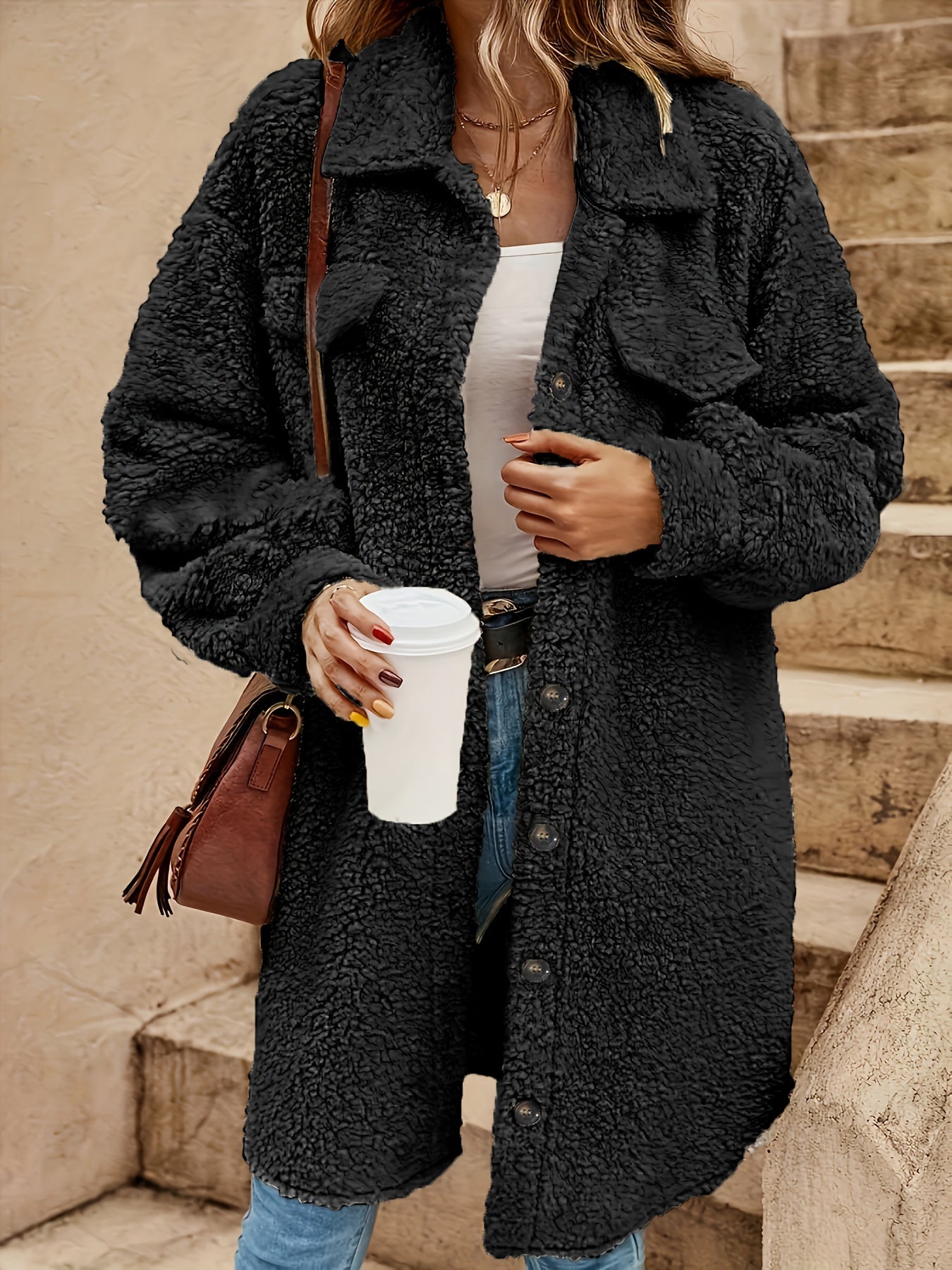 ModeGeist | Lange Jacke Im Sherpa-stil Polyester Warm und Stilvoll