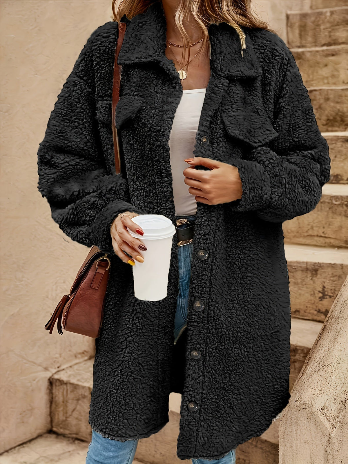 ModeGeist | Lange Jacke Im Sherpa-stil Polyester Warm und Stilvoll