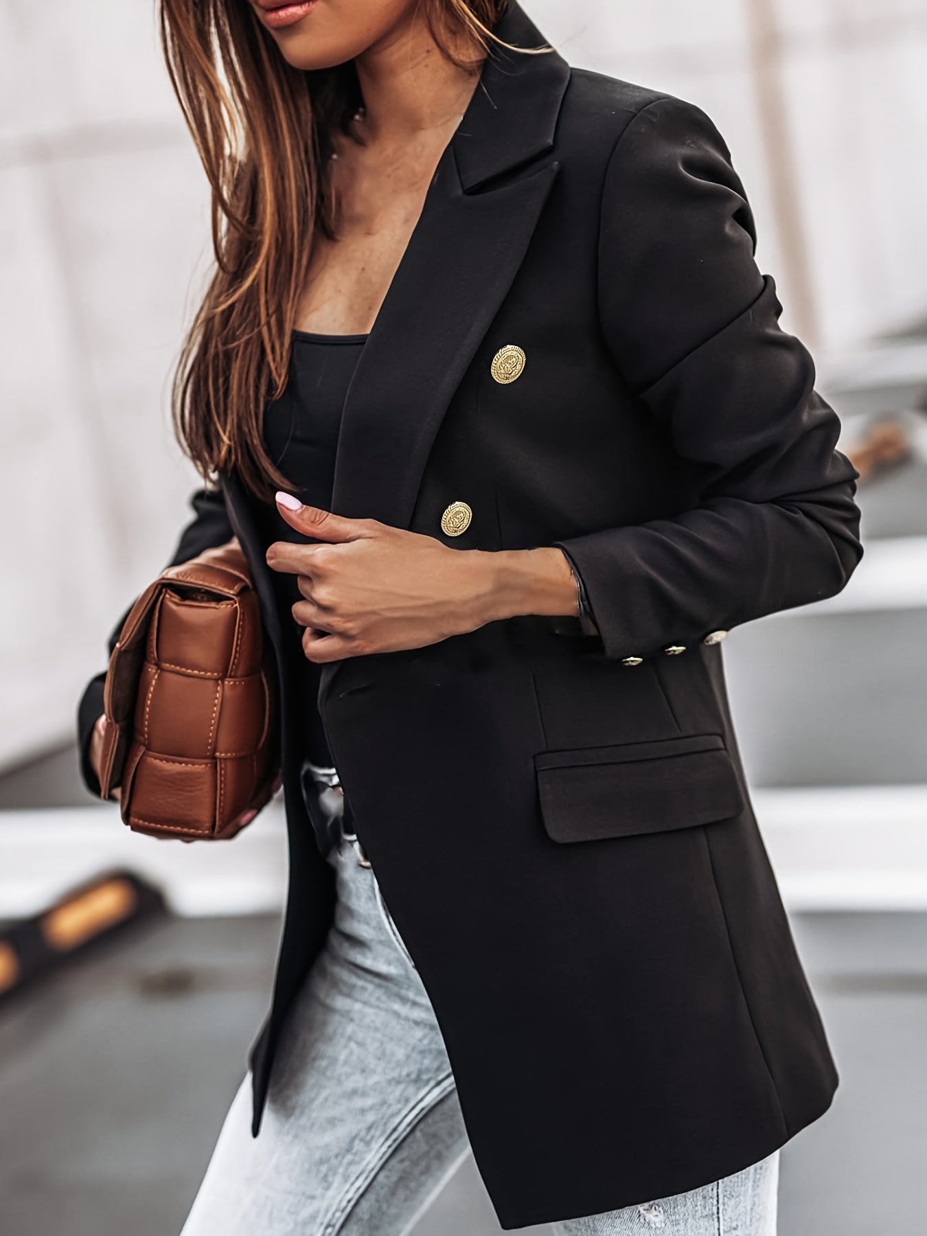 ModeGeist | Lange Elegante Damenblazer Mit Doppelter Knopfleiste